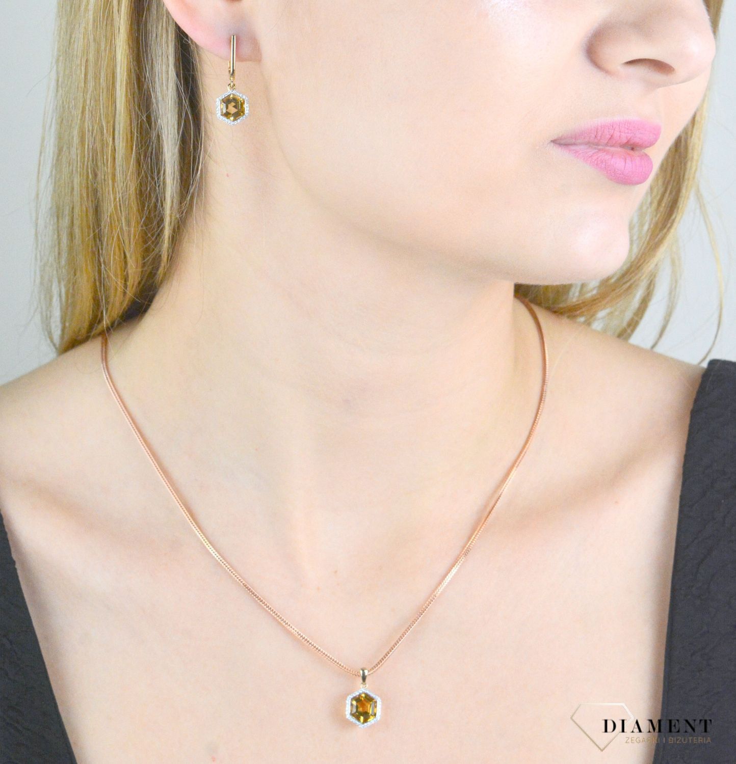 Zawieszka złota damska 585 diamenty z kamieniem naturalnym Cytryn 30 diamentów 0,09 ct P84152Y CT. Zawieszka z diamentami. Biżuteria z diamentami. Złota zawieszka z diamentami i cytrynem. Złota zawieszka damska z diamentami..jpg